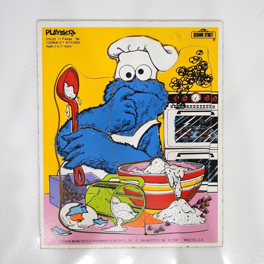 Vintage 1984 Playskool Sesame Street Cookie Monster Wood Tray Puzzle 315-23 11pc